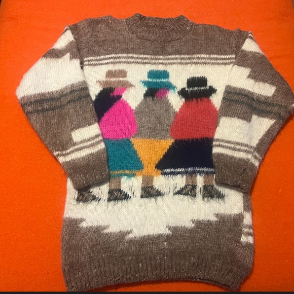 Vintage 80s figurines colourful hand knit aztec folk alpaca sweater GUC - Picture 10 of 14